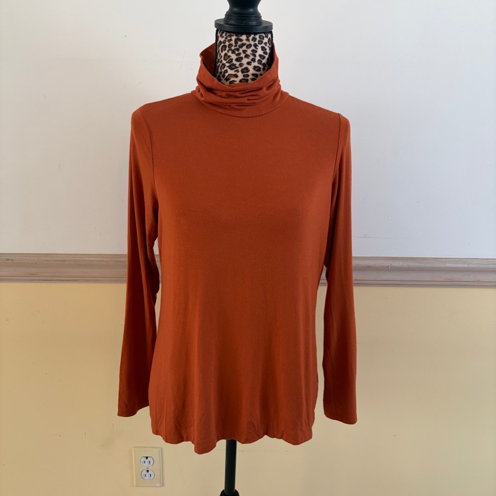 Tahari‎ Womens Turtleneck Top Burnt Orange Rust Long Sleeve Pima Cotton Medium